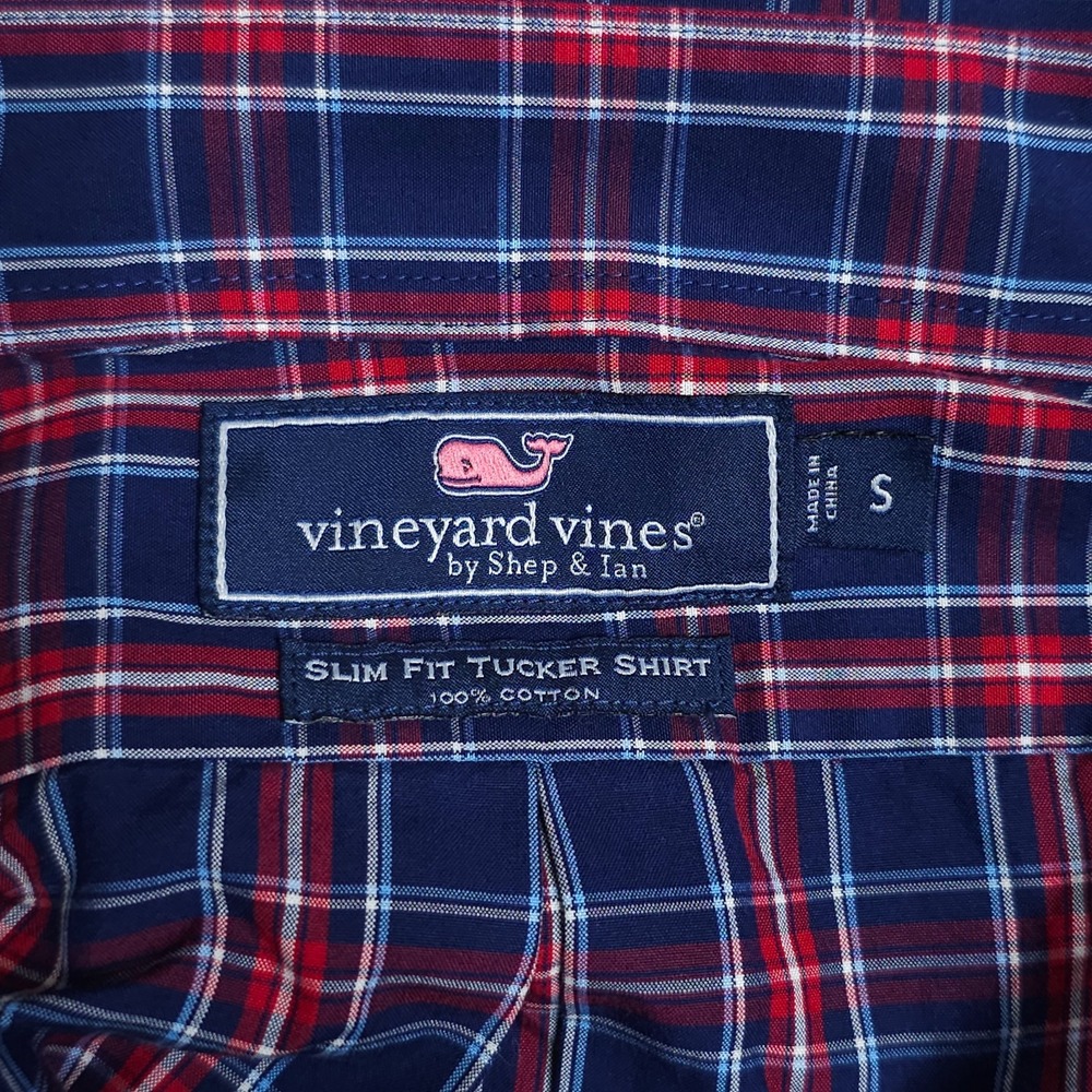 Vineyard Vines Dress Shirt Men's Small Blue Red Plaid Slim Fit Tucker Cotton - Picture 6 of 10
